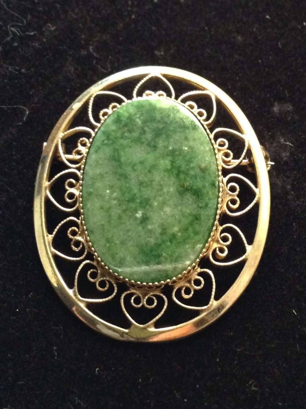 VTG 60's RARE Catamore signed 12KGF Nephride Oval Green Filigree Brooch/Necklace